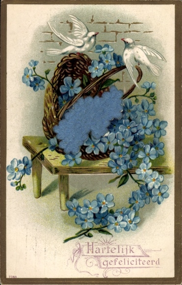 Material Ak Blumenkorb, Tauben, Vergissmeinnicht, Glückwunsch