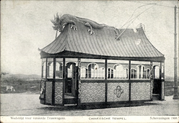 Ak Scheveningen 1908, Chineesche Tempel, Wedstrijd voor versierde Tramwagens