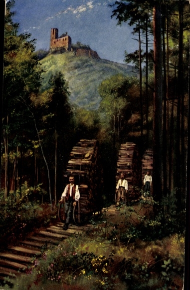Künstler Ak Hoffmann, H., Andlau Elsass Bas Rhin, Holzschlitter bei der Ruine Spesburg