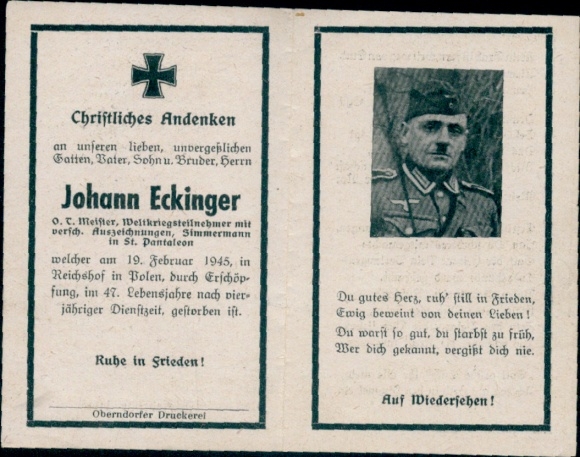 Sterbebild Johann Eckinger, St. Pantaleon, verstorben 1945 in Reichshof durch Erschöpfung