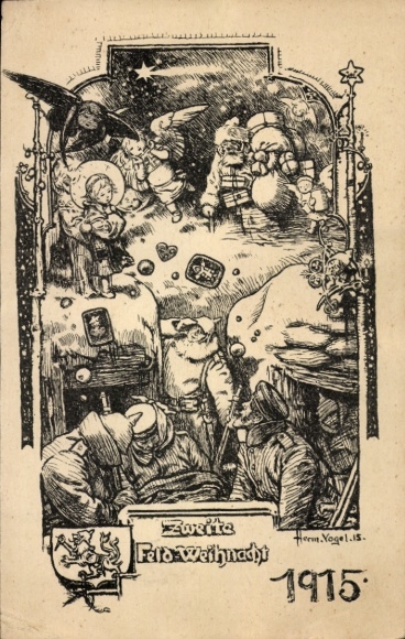 Künstler Ak Vogel, Zweite Feld-Weihnacht 1915, Soldaten im Unterstand, Weihnachtsmann, Engel