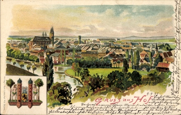 Künstler Wappen Litho Hof an der Saale Oberfranken, Gesamtansicht der Stadt