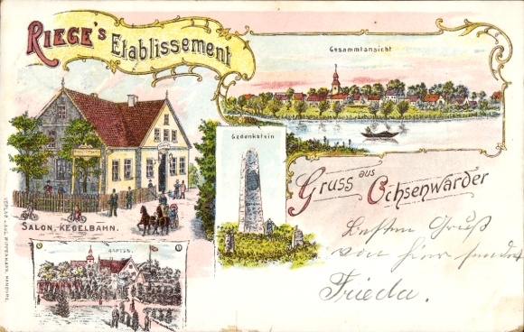 Litho Hamburg Bergedorf Ochsenwerder Ochsenwärder, Rieges Elablissement, Gedenkstein