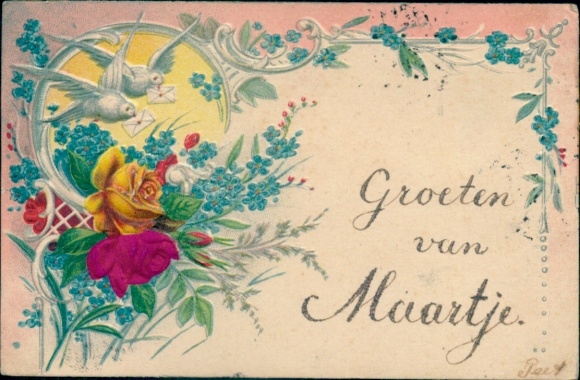Präge Ak Groeten van Maartje, Brieftauben, Rosen