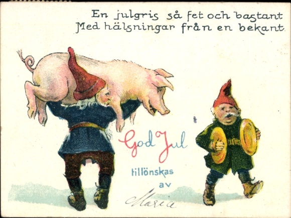 Künstler Ak Nyström, Jenny, Frohe Weihnachten, Zwerg trägt ein Schwein