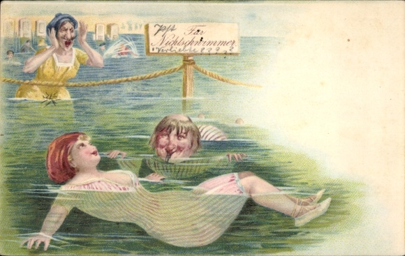 Ak Mann schwimmt zu fremder Frau, Ehefrau schreit im Nichtschwimmerbereich