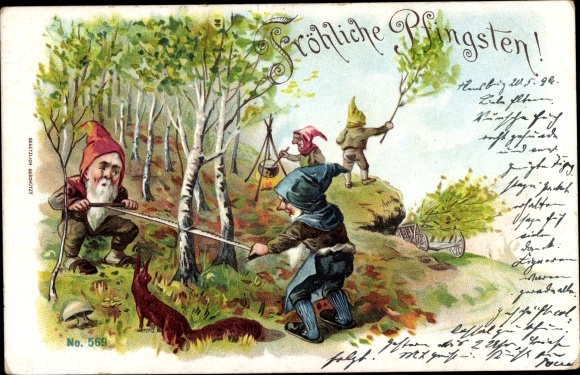 Litho Glückwunsch Pfingsten, Zwerge fällen einen Pfingstbaum, Eichhörnchen