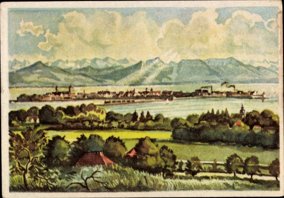 Künstler Ak Braun, Gebhard, Lindau in Bodensee Schwaben, Bodenseelandschaft vom Hoyerberg gesehen