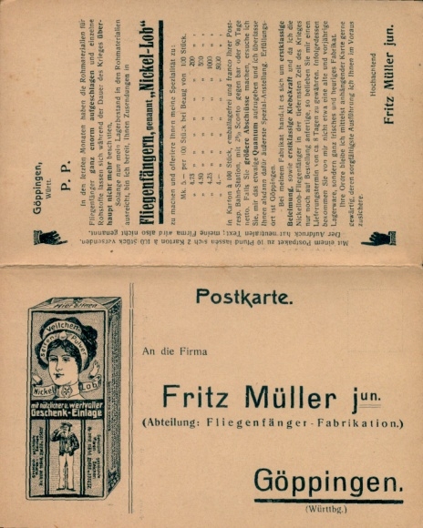 Klapp Ak Göppingen Württbg., Firma Fritz Müller jun, Fliegenfänger Nickel-Lob, Veilchen Seifenpulver