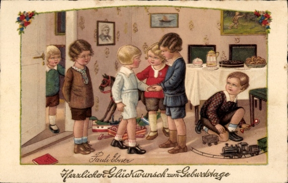 Künstler Ak Ebner, Pauli, Kinder, Spielzeuge, Eisenbahn, Schaukelpferd