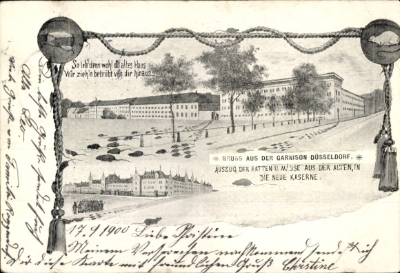 Ak Düsseldorf am Rhein, Auszug der Ratten aus der Kaserne, Garnison