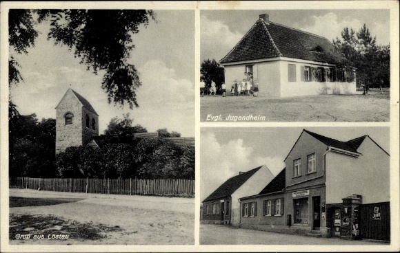 Ak Lostau Möser Jerichower Land, Ev. Jugenheim, Warenhandlung Frieda Müller