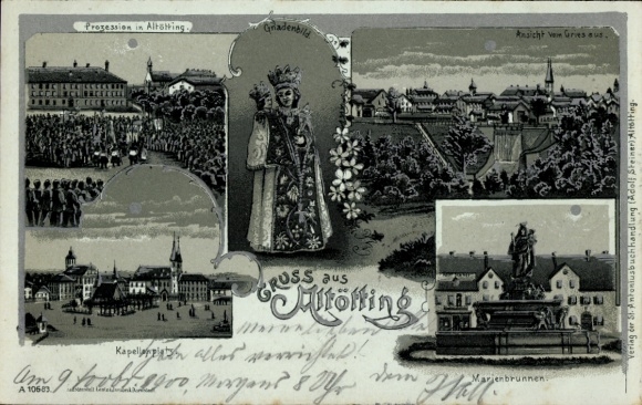 Mondschein Litho Altötting in Oberbayern, Prozession, Kapellenplatz, Marienbrunnen, Gnadenbild