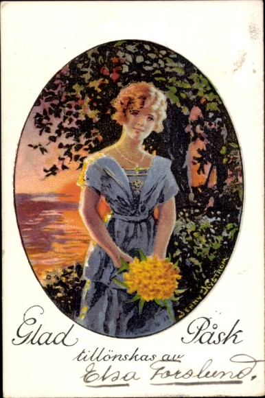Künstler Ak Nyström, Jenny, Frohe Ostern, junge Frau mit Narzissenstrauß