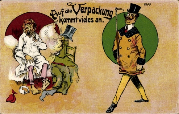 Ak Auf Verpackung kommt vieles an, Eleganter Mann