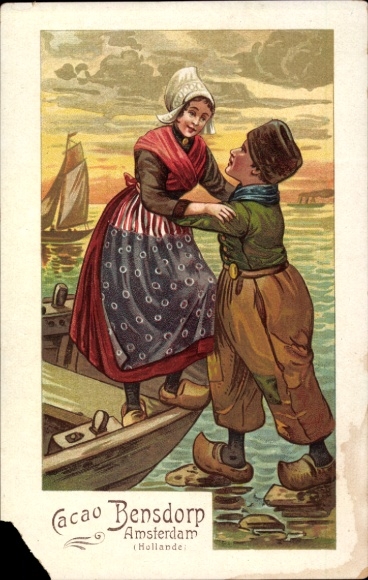 Litho Cacao Bensdorp Amsterdam, Liebespaar, Ruderboot, Segelboot, Niederländische Tracht, Reklame