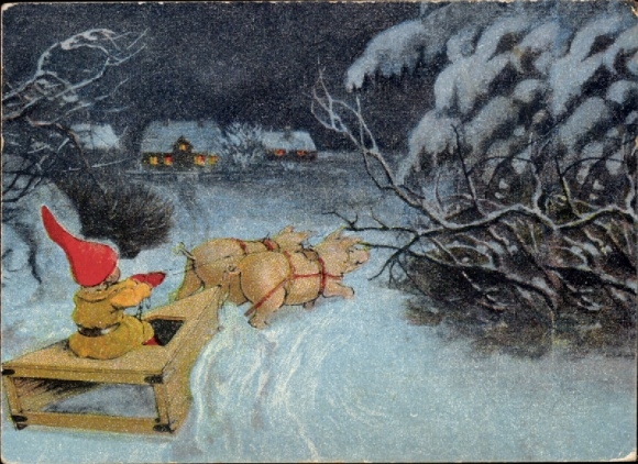 Künstler Ak Nyström, Jenny, Frohe Weihnachten, Zwerg, Schweine ziehen Holzschlitten