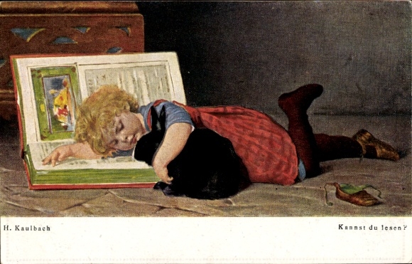 Künstler Ak Kaulbach, Hermann, Kannst du lesen, Kind mit Kaninchen, Buch lesend