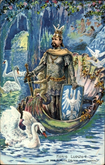 Künstler Litho Linderhof Ettal Oberbayern, König Ludwig II. in der blauen Grotte