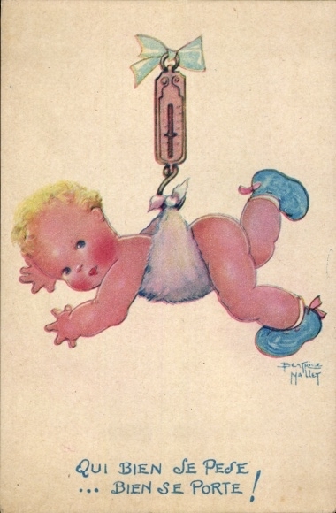 Künstler Ak Mallet, Beatrice, Kind wird gewogen