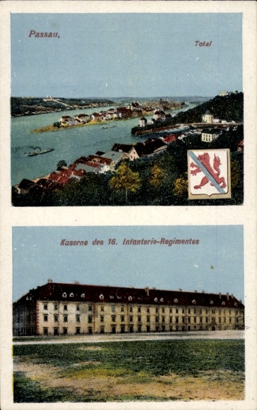 Ak Passau in Niederbayern, Gesamtansicht, Kaserne des 16. Infanterie-Regiments