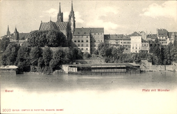 Ak Basel Bâle Stadt Schweiz,  Pfalz mit Münster, Flussansicht, 2020