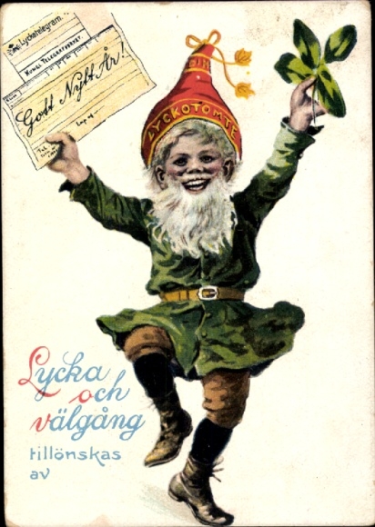 Künstler Ak Nyström, Jenny, Fröhliches Neujahr, Zwerg, Kleeblatt, Telegramm