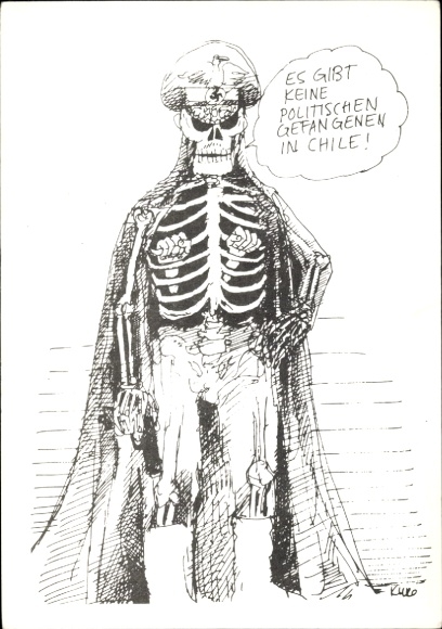 Künstler Ak Walter Kurowski, Es gibt keine politischen Gefangenen in Chile, Karikatur, Skelett