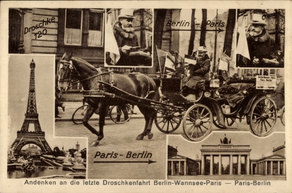 Ak Berlin Mitte, Brandenburger Tor, Eiffelturm in Paris, letzte Droschkenfahrt, Gustav Hartmann