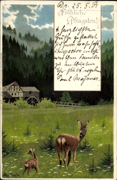 Künstler Ak Mailick, Glückwunsch Pfingsten, Rehe