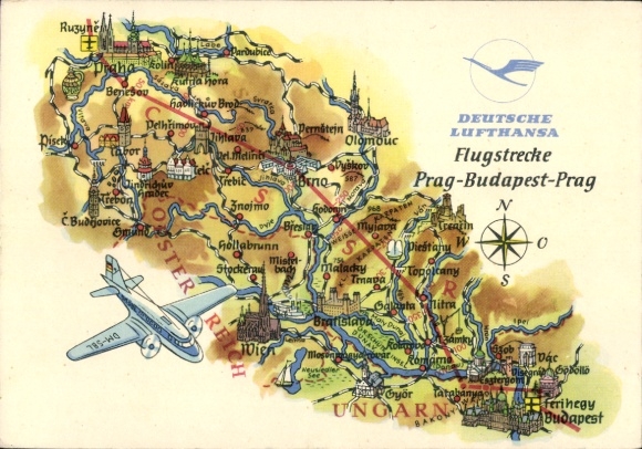 Landkarten Künstler Ak Hoppe, Deutsche Lufthansa, Flugstrecke Prag Budapest Prag