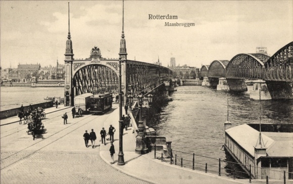 Ak Rotterdam Südholland Niederlande, Brücke in  Maasbruggen, Straßenbahn, Fluss