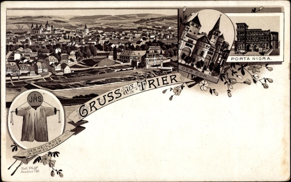 Litho Trier an der Mosel, Der Dom, Porta Nigra, Der Heilige Rock, Panorama