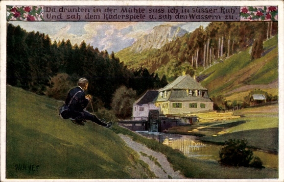Lied Künstler Ak Hey, Paul, Volksliederkarte Nr. 68, Da drunten in der Mühle, Wassermühle