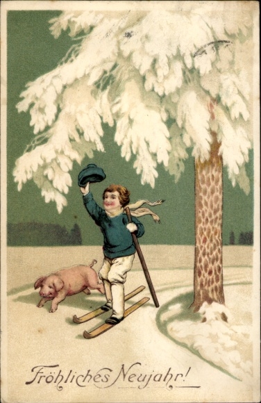 Litho Glückwunsch Neujahr, Junge mit Schwein, Ski