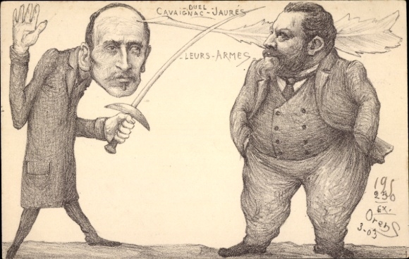 Künstler Ak Orens, Karikatur, Cavaignac, Jaures, Duell