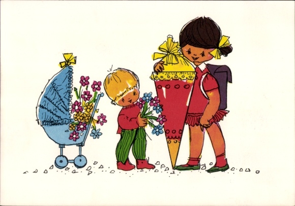 Künstler Ak Glückwunsch Schulanfang, Kinder mit Zuckertüte, Kinderwagen