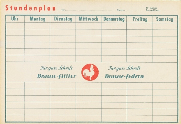 Stundenplan, Brause-Füller, Braue-Federn