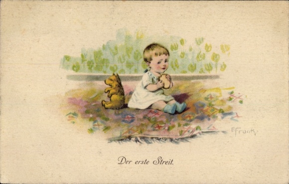 Künstler Ak Frank, Elly, Der erste Streit, Kleinkind, Teddybär