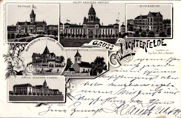 Litho Berlin Steglitz Groß Lichterfelde, Rathaus, Garde-Schützen-Kaserne, Gymnasium