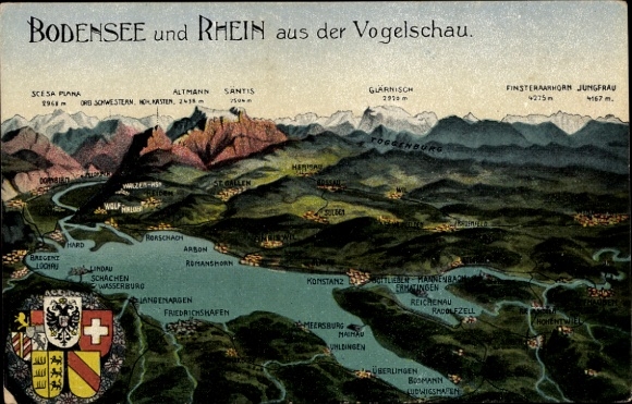 Landkarten Ak Konstanz am Bodensee, Bregenz, Bodensee und Rhein aus der Vogelschau