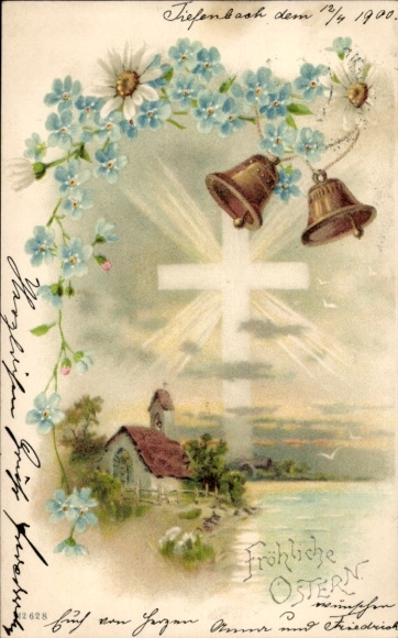 Litho Glückwunsch Ostern, Glocken, Kreuz