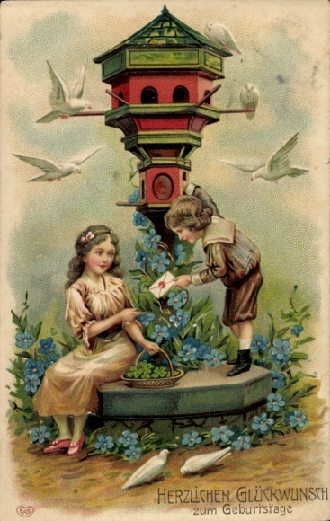 Präge Ak Glückwunsch Geburtstag, Kinder, Tauben, Vergissmeinnicht