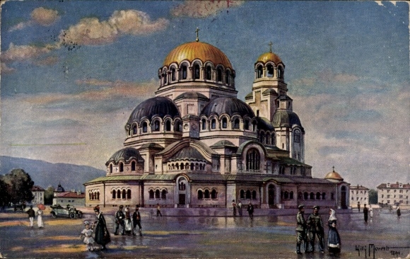 Ak Sofia Bulgarien, Kathedrale in  Menschen, Autos, Wolken, Malerei