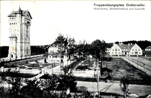 Ak Grafenwöhr im Oberpfälzer Hügelland Bayern, Truppenübungsplatz, Wasserturm, Lazarett