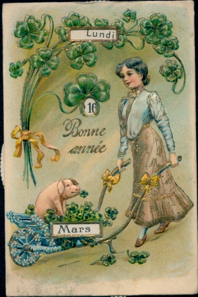 Mechanische Ak Glückwunsch Neujahr, Frau, Schubkarre, Schwein, Glücksklee