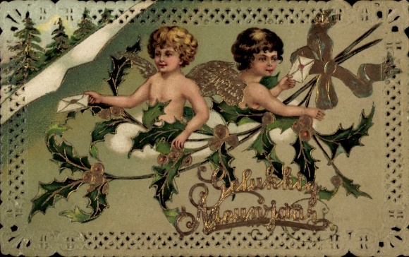 Präge Ak Fröhliches Neujahr, Engel, Stechpalmenzweige
