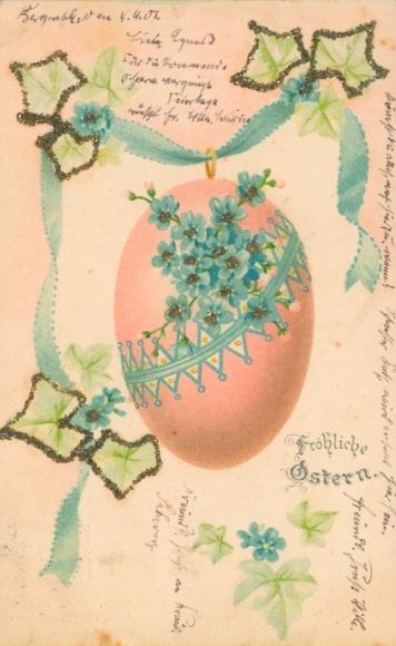 Glitzer Ak Glückwunsch Ostern, Osterei, Vergissmeinnicht