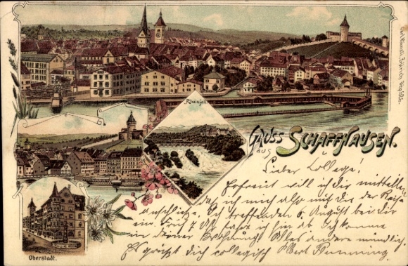 Litho Schaffhausen am Rhein Schweiz, Panorama, Oberstadt, Rheinfall
