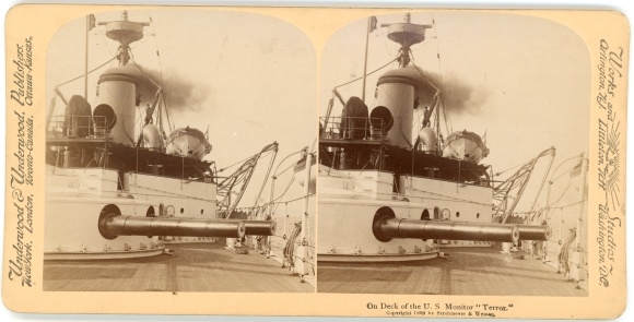 Stereo Foto On Deck of the US Monitor Terror, Kriegsschiff, Deckgeschütz